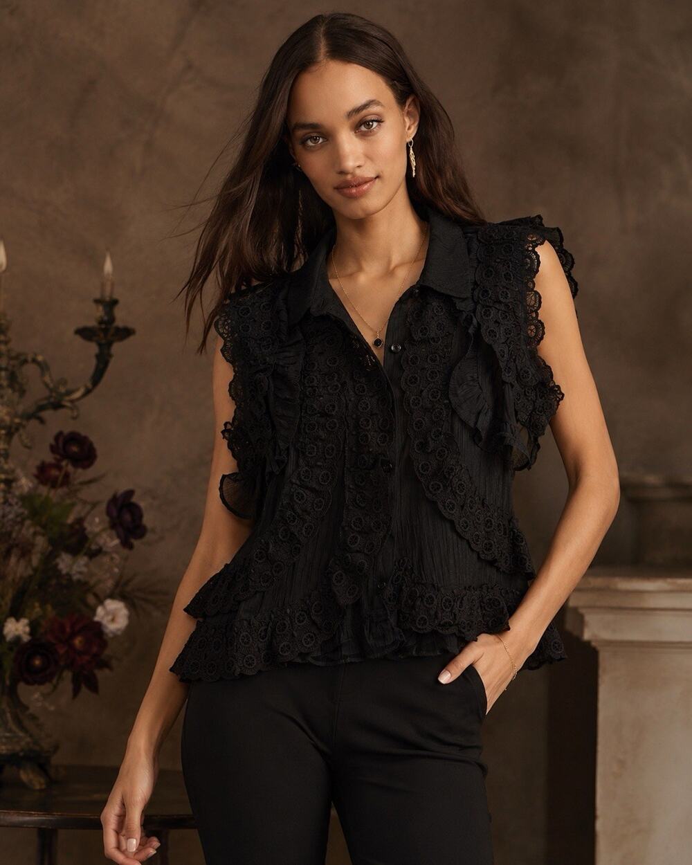RIVIR Women Whimsigoth Top Large Black Lace Romantic Boho Ruffled Whimsical NEW